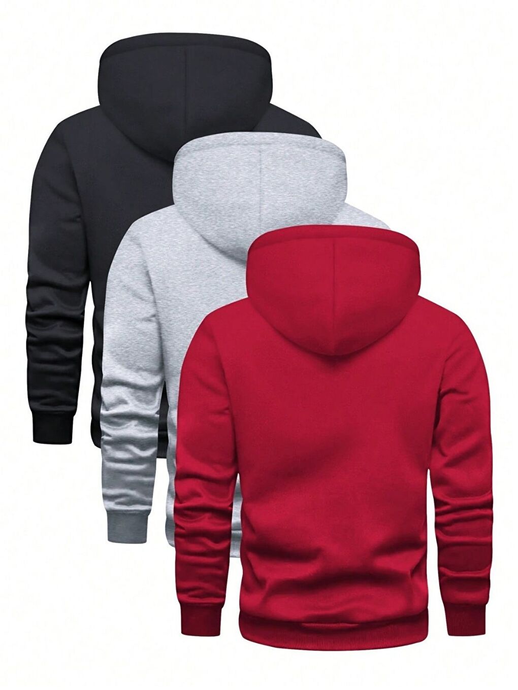 3'lü Set Erkek Siyah Gri Kırmızı Oversize Düz Kapüşonlu Sweatshirt-1