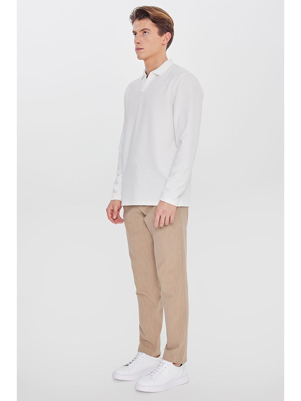 Erkek Bej Keten Slim Fit Dar Kesim Beli Bağlamalı Yan Cepli Casual Pantolon-2