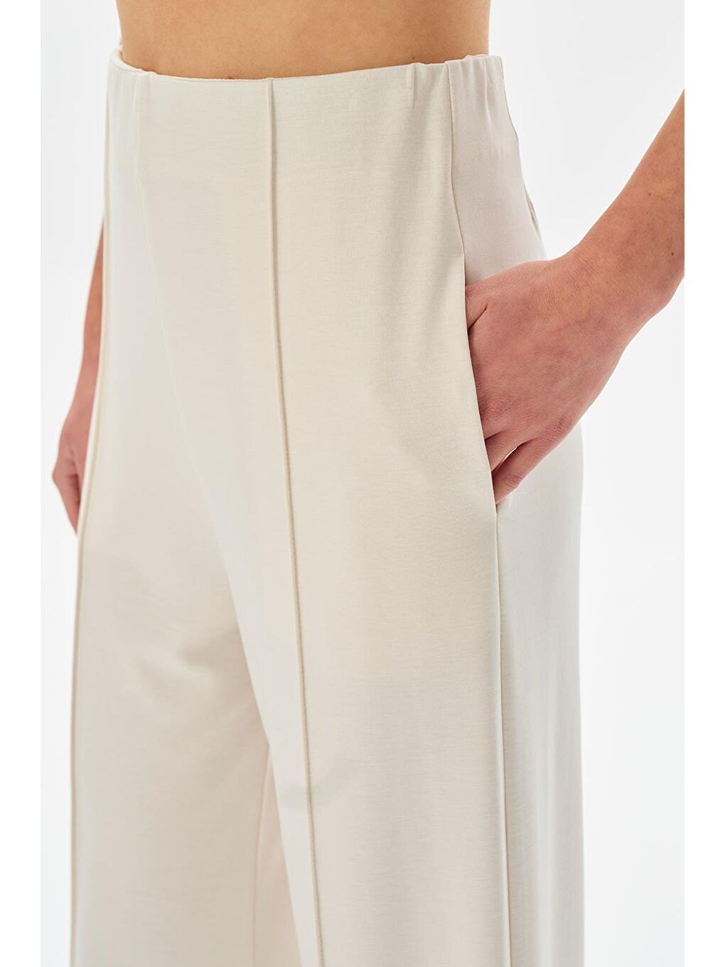 Modal Örme Önü Dikişli Pantolon Ekru-5