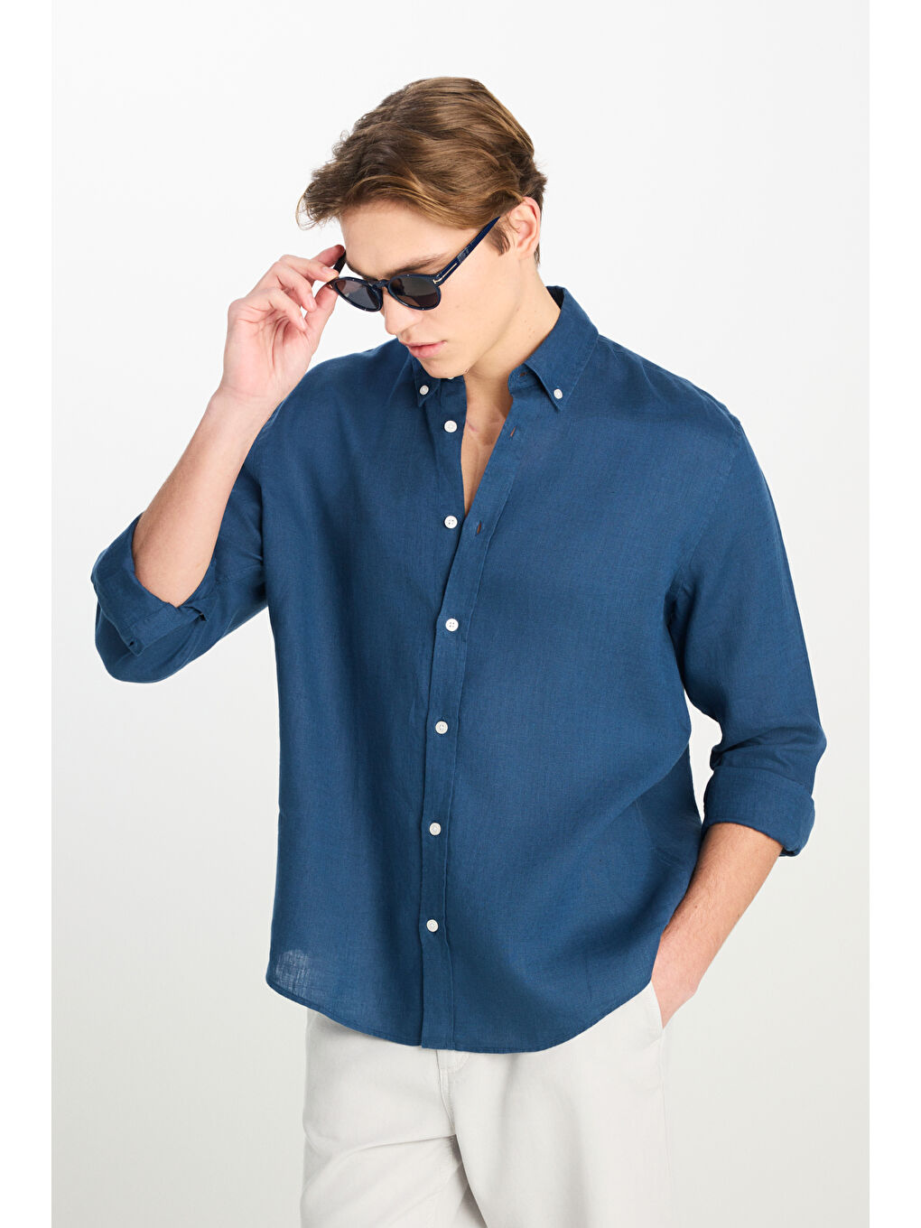 %100 Keten Regular Fit Normal Kesim Lacivert Gömlek-3