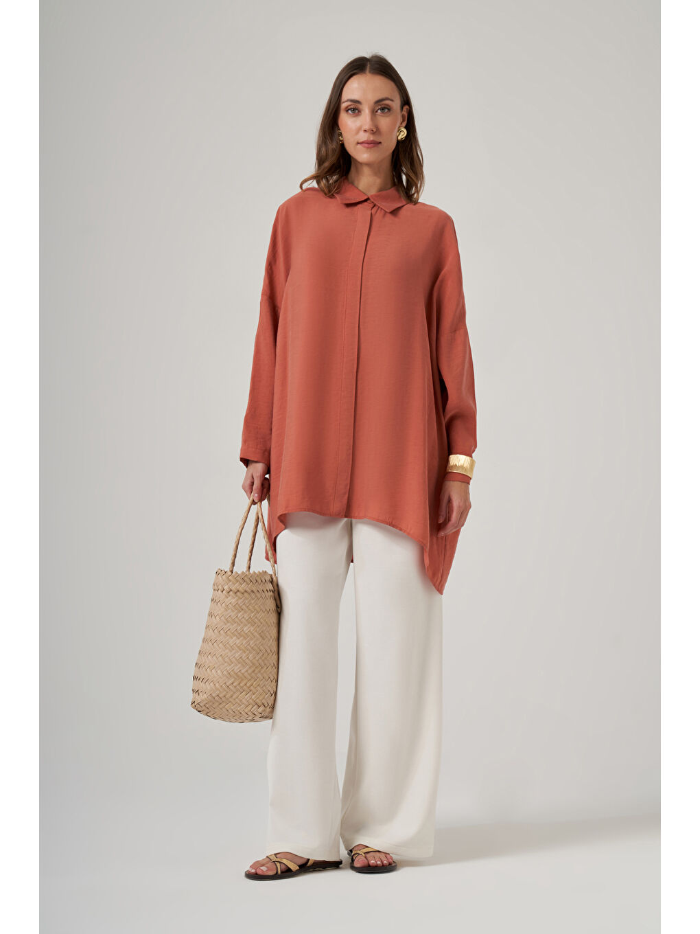 Kahverengi Oversize Basic Yazlık Gömlek 3001 Anfora Kiremit-3