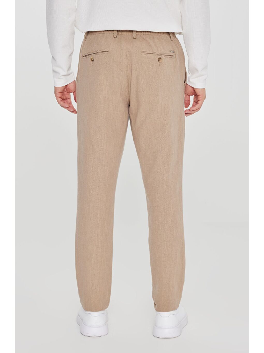 Erkek Bej Keten Slim Fit Dar Kesim Beli Bağlamalı Yan Cepli Casual Pantolon-4