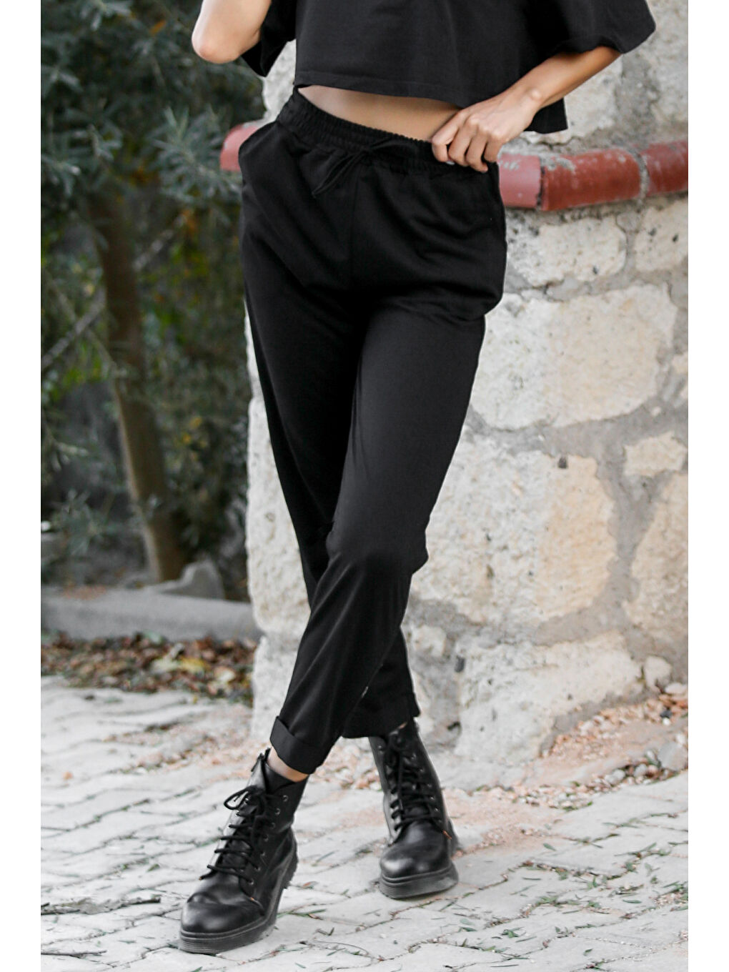 Siyah Örme Duble Paça Jogger Pantolon-2