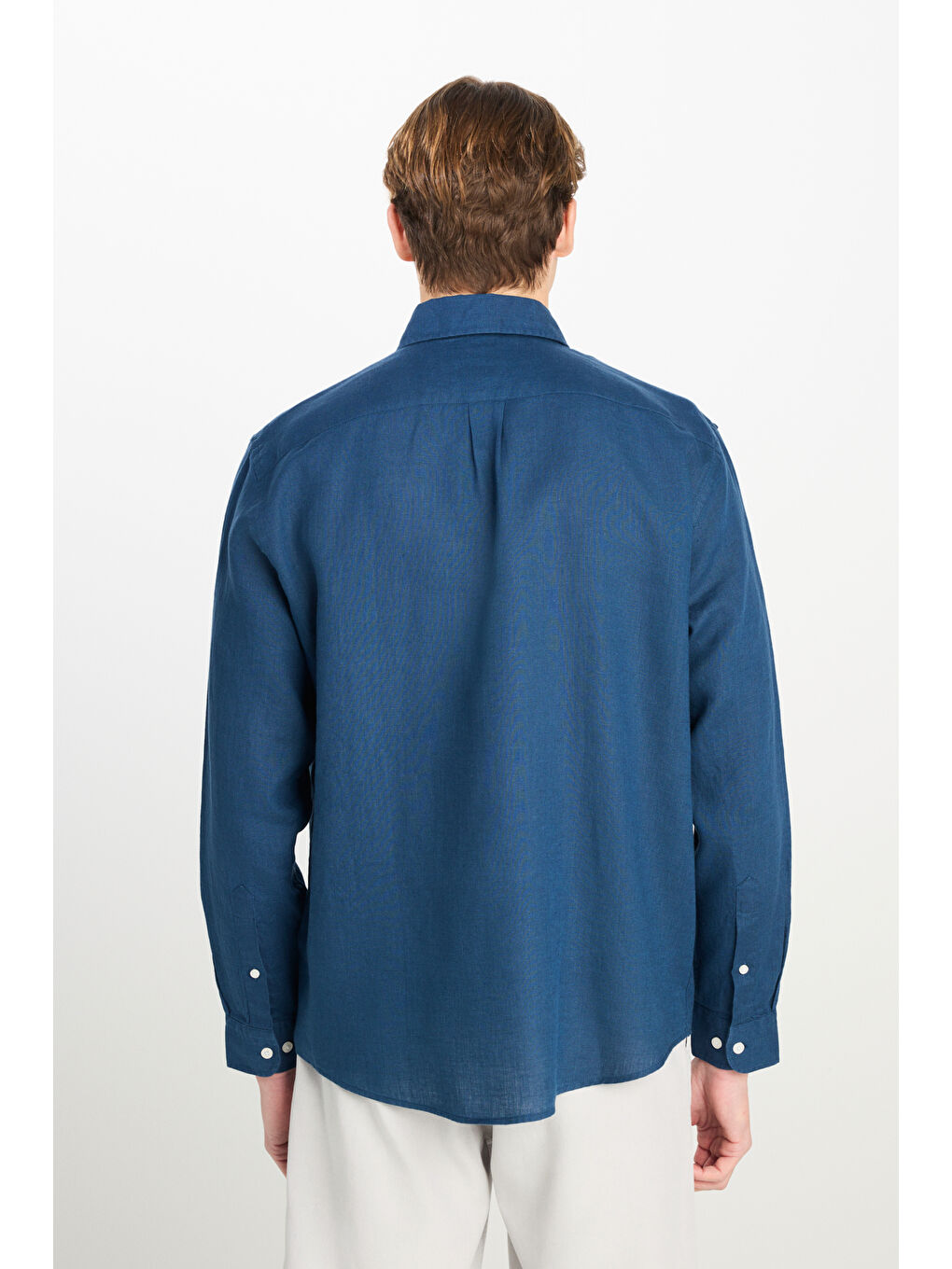 %100 Keten Regular Fit Normal Kesim Lacivert Gömlek-4