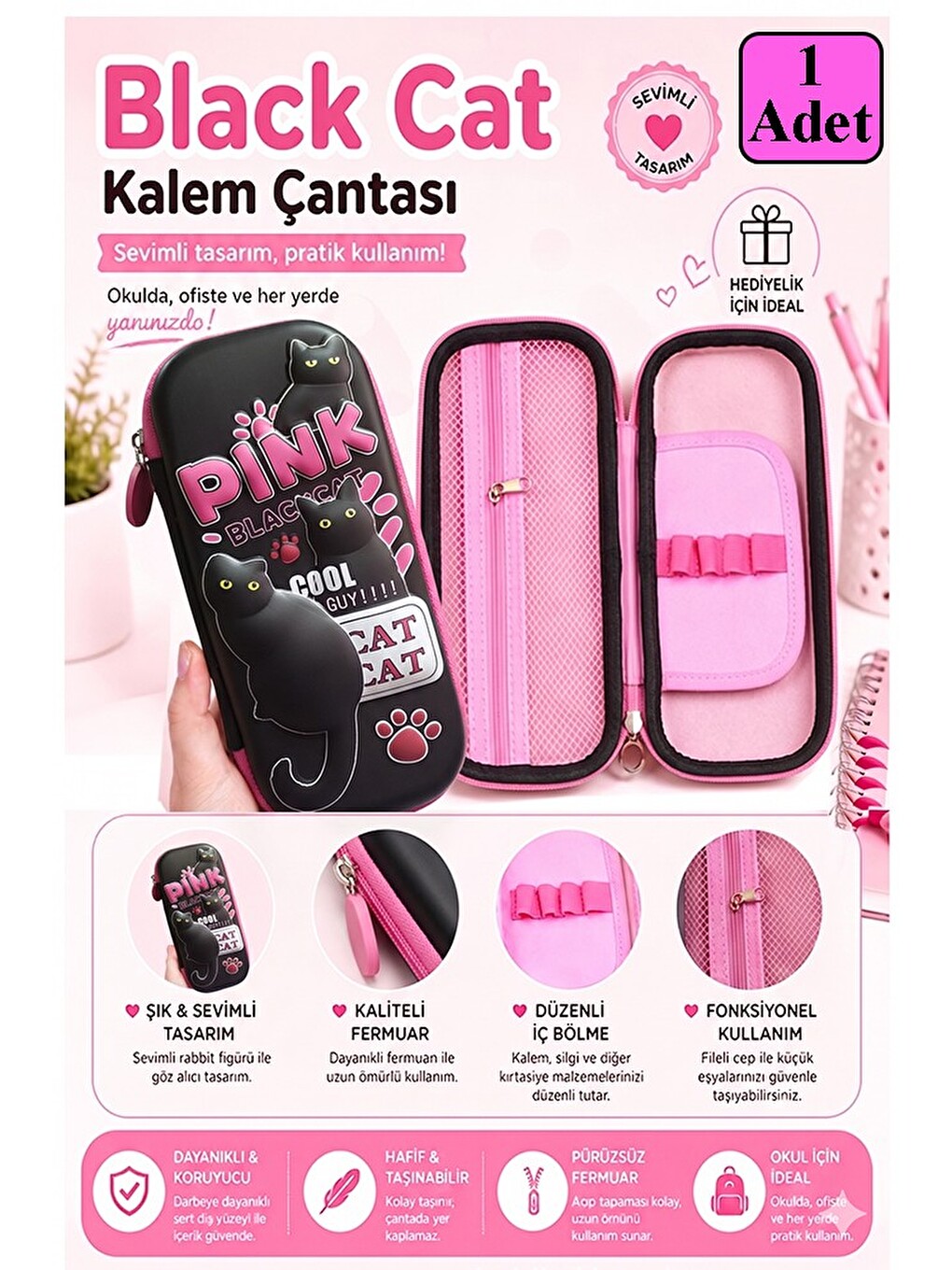 Pembe Kabartmalı Bölmeli Kalemlik 1 Adet P-5922 Kız Çocuk Okul Kalem Kutusu 3 Boyutlu Sevimli Karika
