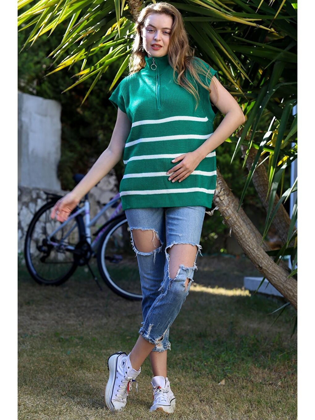 Yeşil Dik Yaka Kolsuz Fermuarlı Triko Oversize Kazak-4