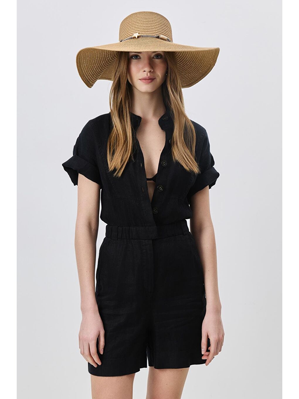 Bej Geniş Kenar Hasır Plaj Şapkası Y25730-01 Vizon