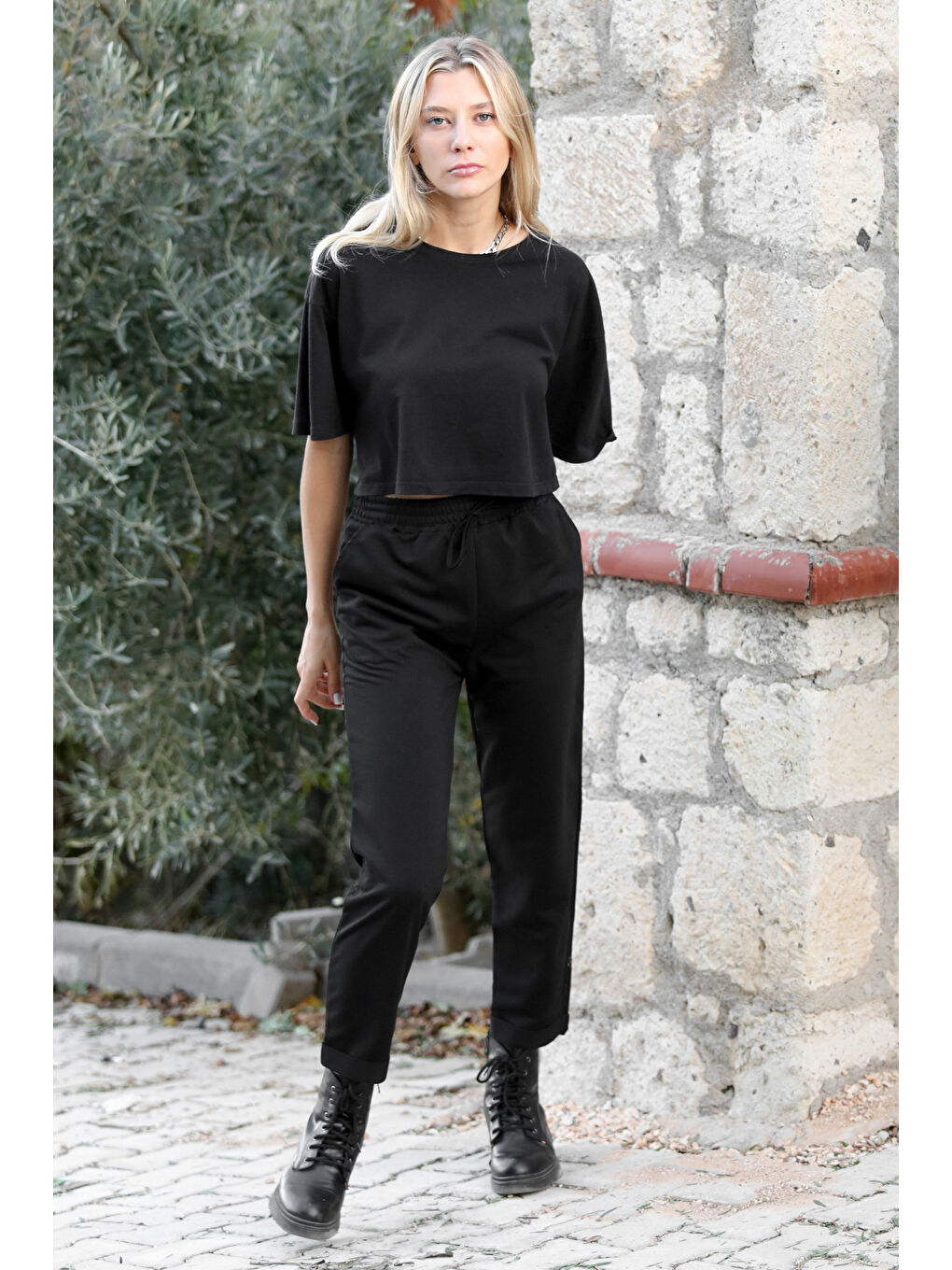 Siyah Örme Duble Paça Jogger Pantolon-3