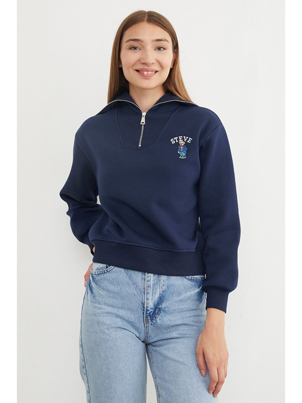 Lacivert 3 İplik Ayıcık Nakışlı Yarım Fermuarlı Sweatshirt-1