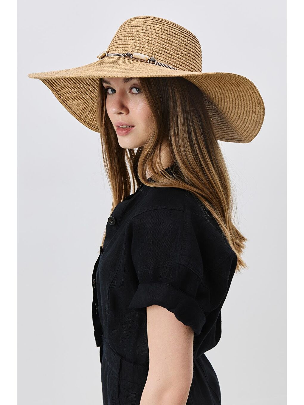 Bej Geniş Kenar Hasır Plaj Şapkası Y25730-01 Vizon-1