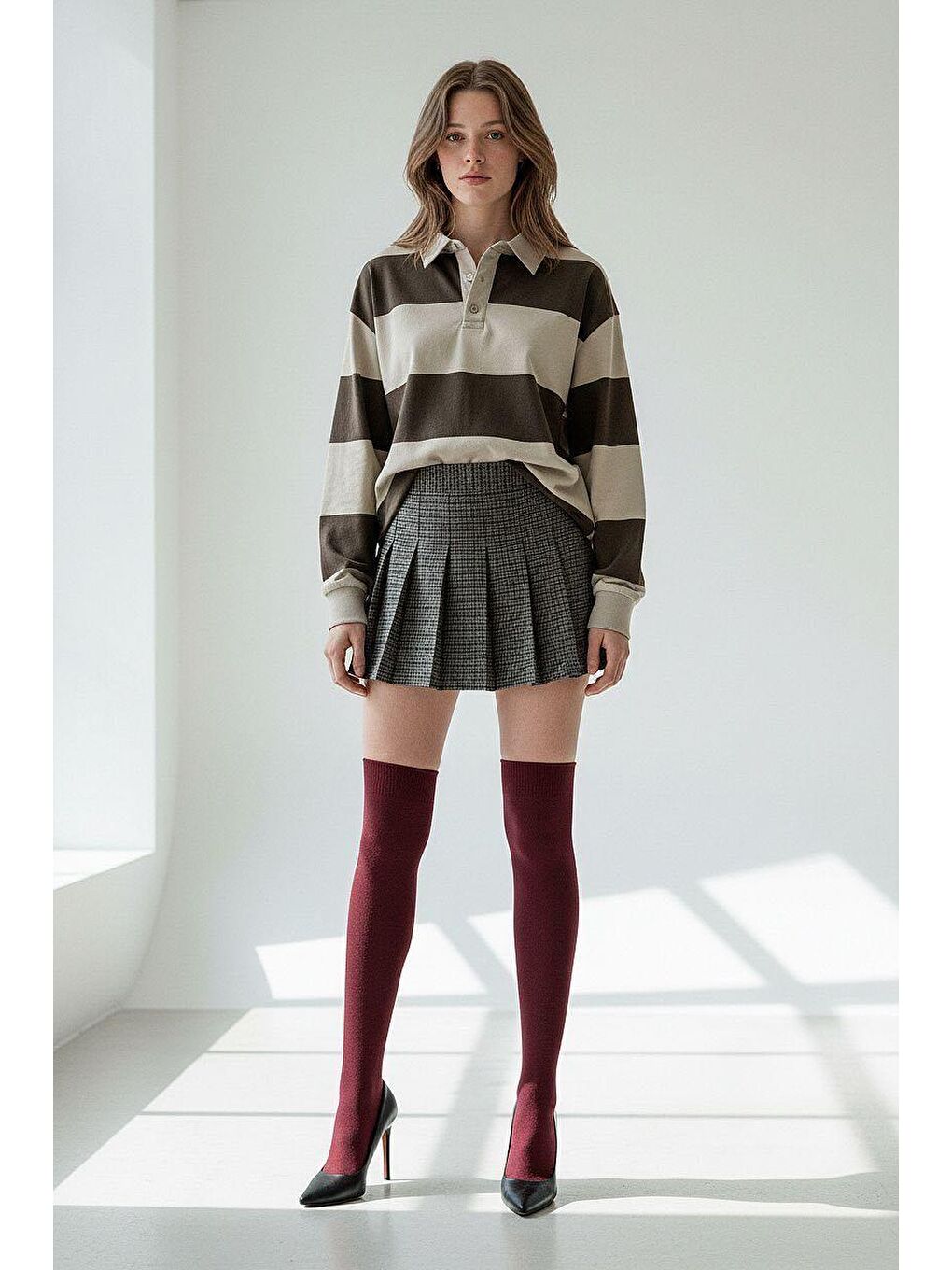 Mint Yeşili Çizgili Düğmeli Polo Yaka Kadın Uzun Kollu Tişört  Mg2586