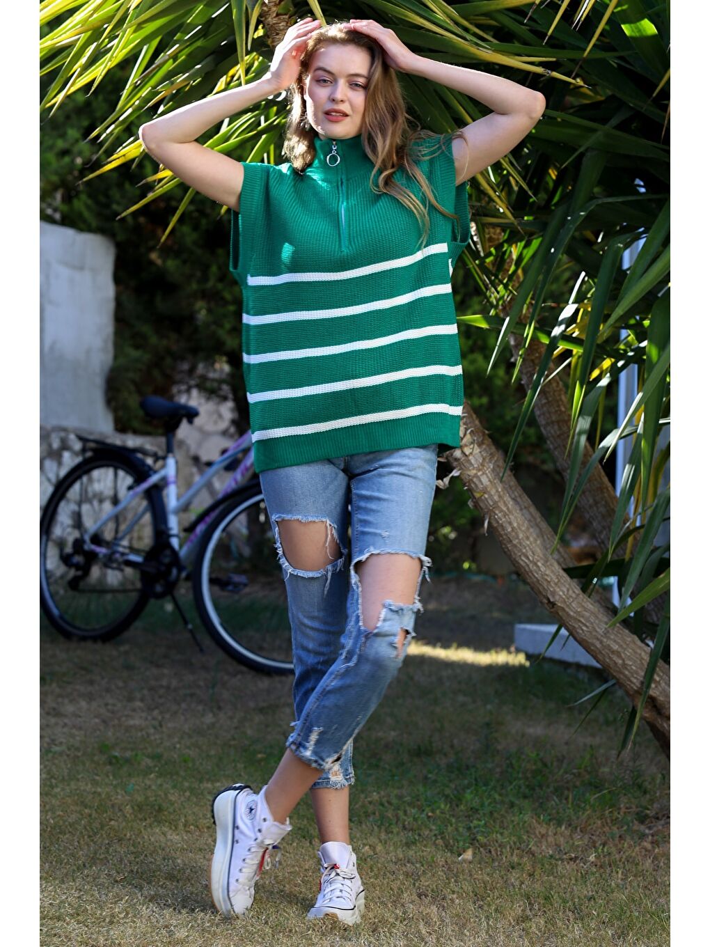 Yeşil Dik Yaka Kolsuz Fermuarlı Triko Oversize Kazak-5