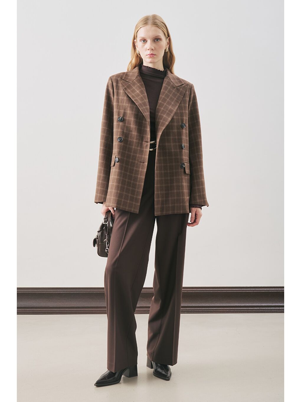 Kruvaze Ekose Blazer Ceket Kahverengi