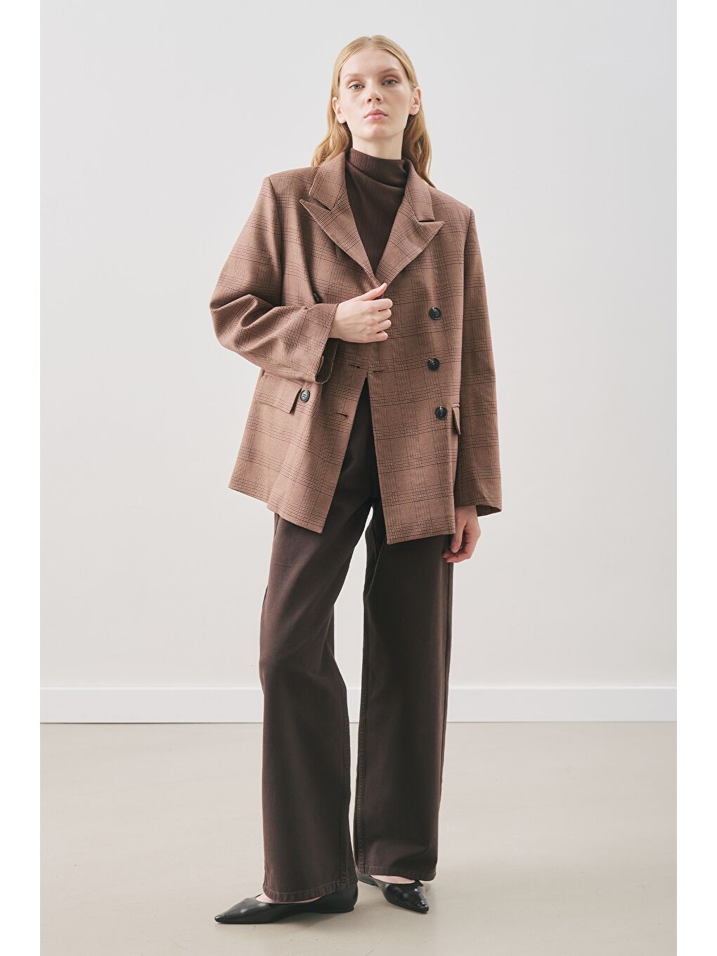 Kruvaze Ekose Blazer Ceket Bordo-1