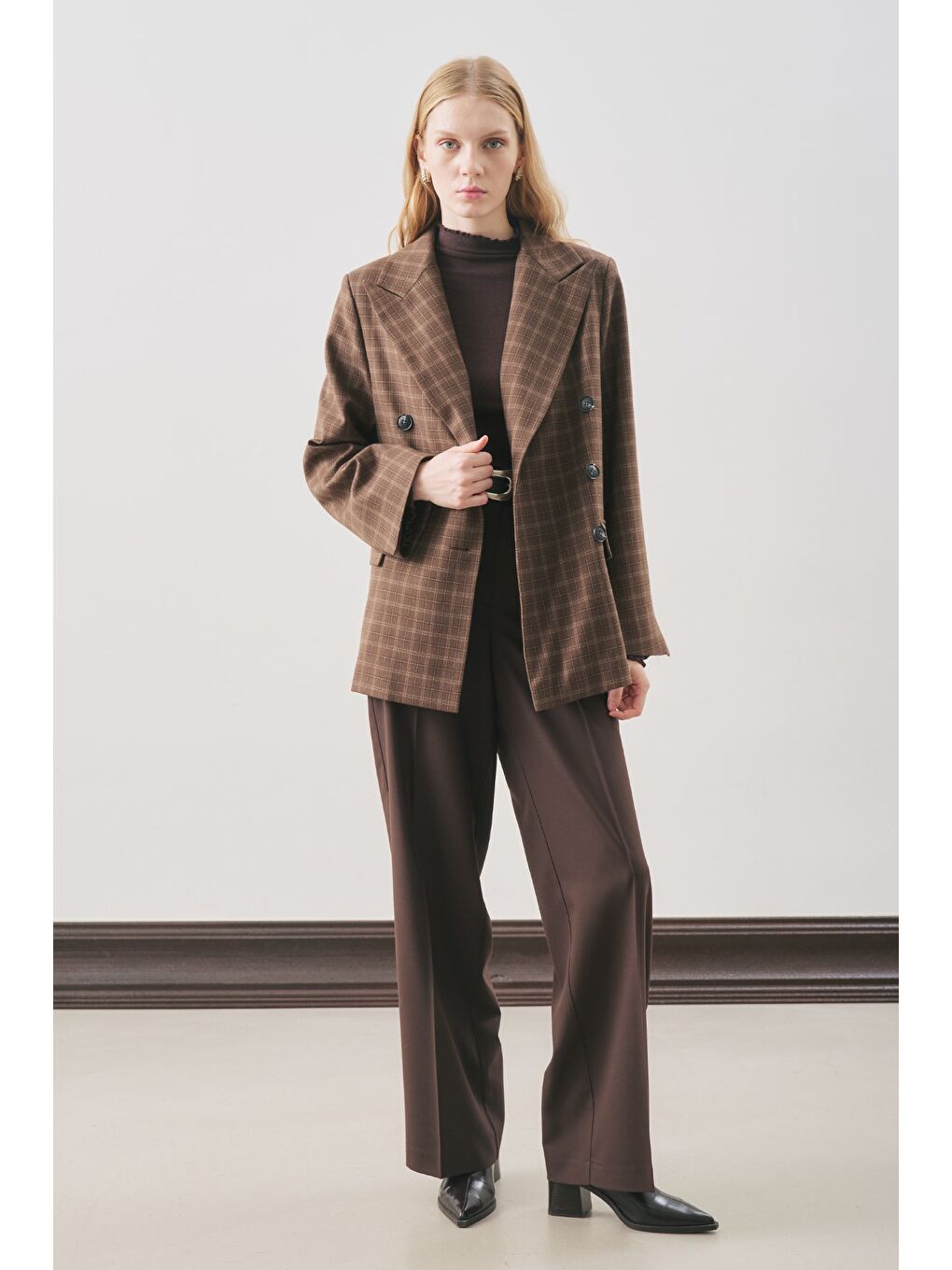 Kruvaze Ekose Blazer Ceket Kahverengi-1