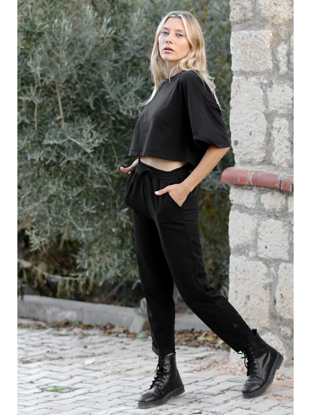 Siyah Örme Duble Paça Jogger Pantolon-4