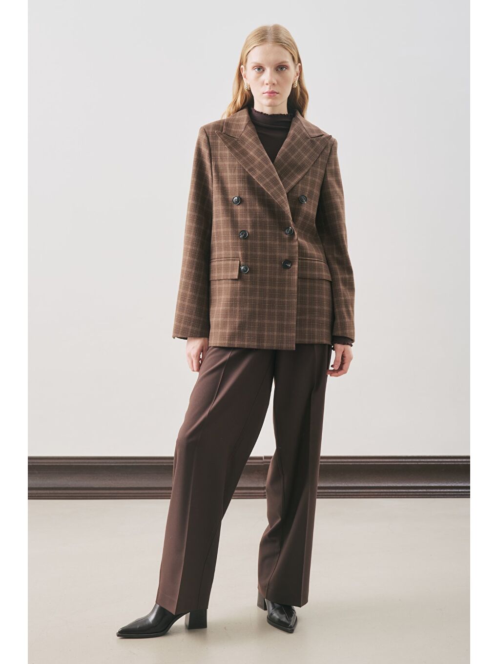 Kruvaze Ekose Blazer Ceket Kahverengi-2