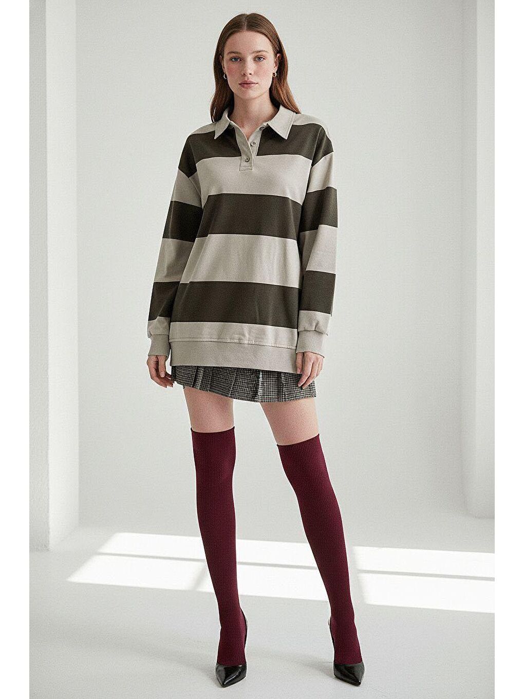 Mint Yeşili Çizgili Düğmeli Polo Yaka Kadın Uzun Kollu Tişört  Mg2586-1