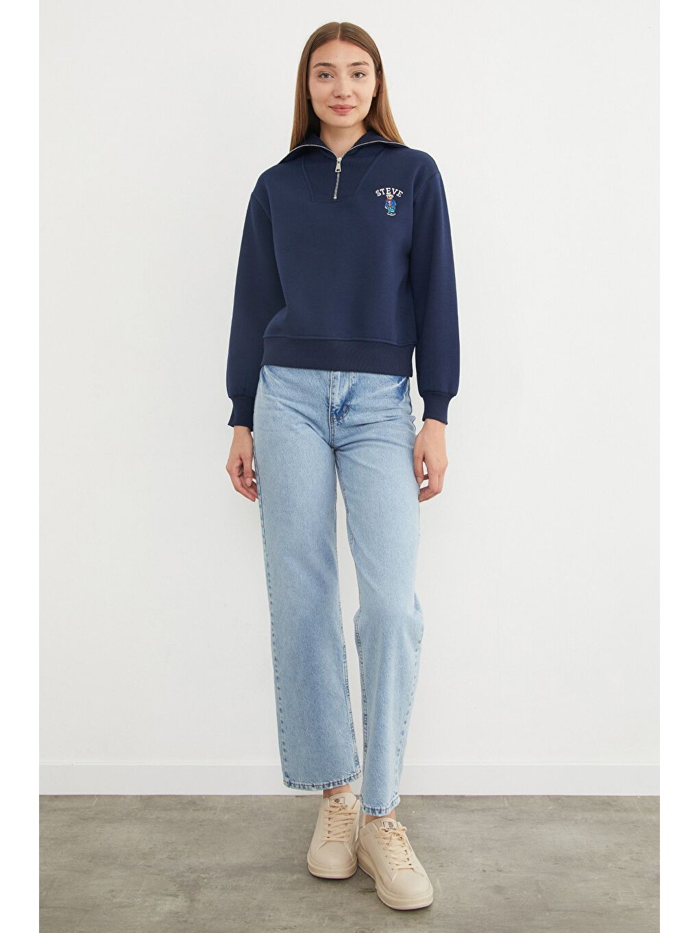 Lacivert 3 İplik Ayıcık Nakışlı Yarım Fermuarlı Sweatshirt-2