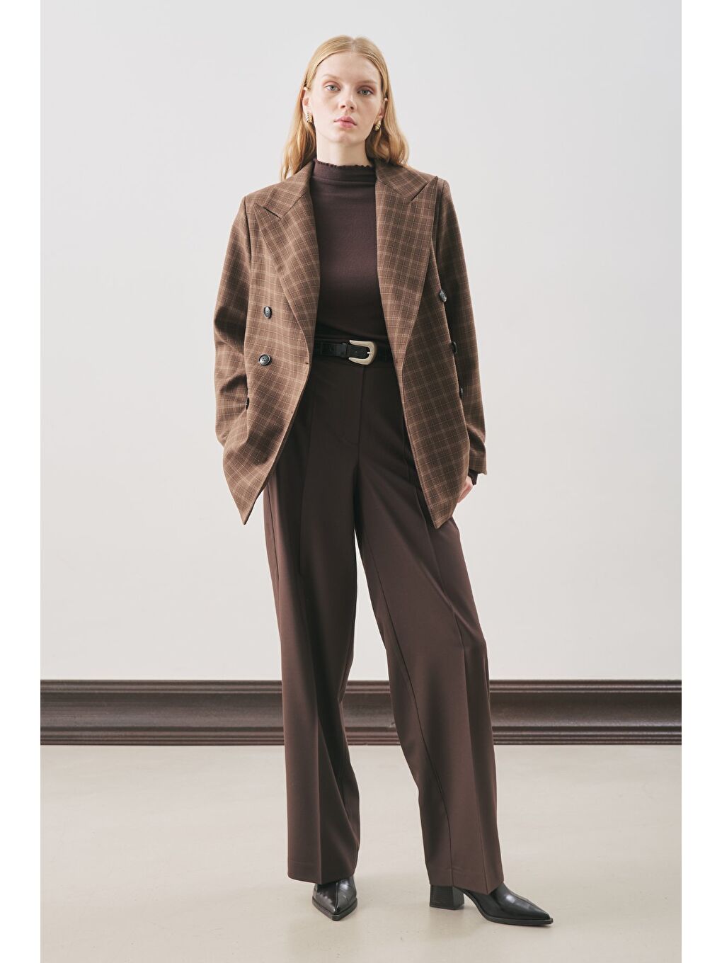 Kruvaze Ekose Blazer Ceket Kahverengi-3