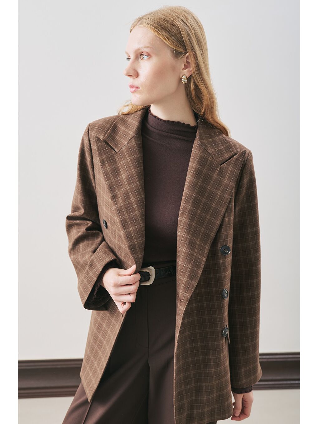Kruvaze Ekose Blazer Ceket Kahverengi-4