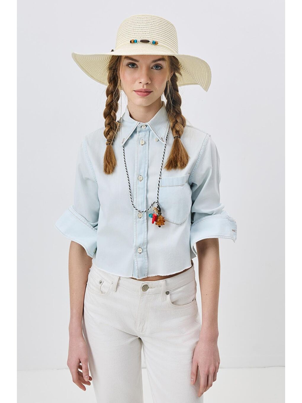 Ekru Geniş Kenar Hasır Plaj Şapkası Y25730-03 Krem