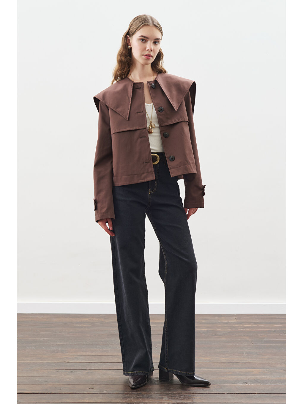 Kahverengi Geniş Yaka Gabardin Ceket Çikolata