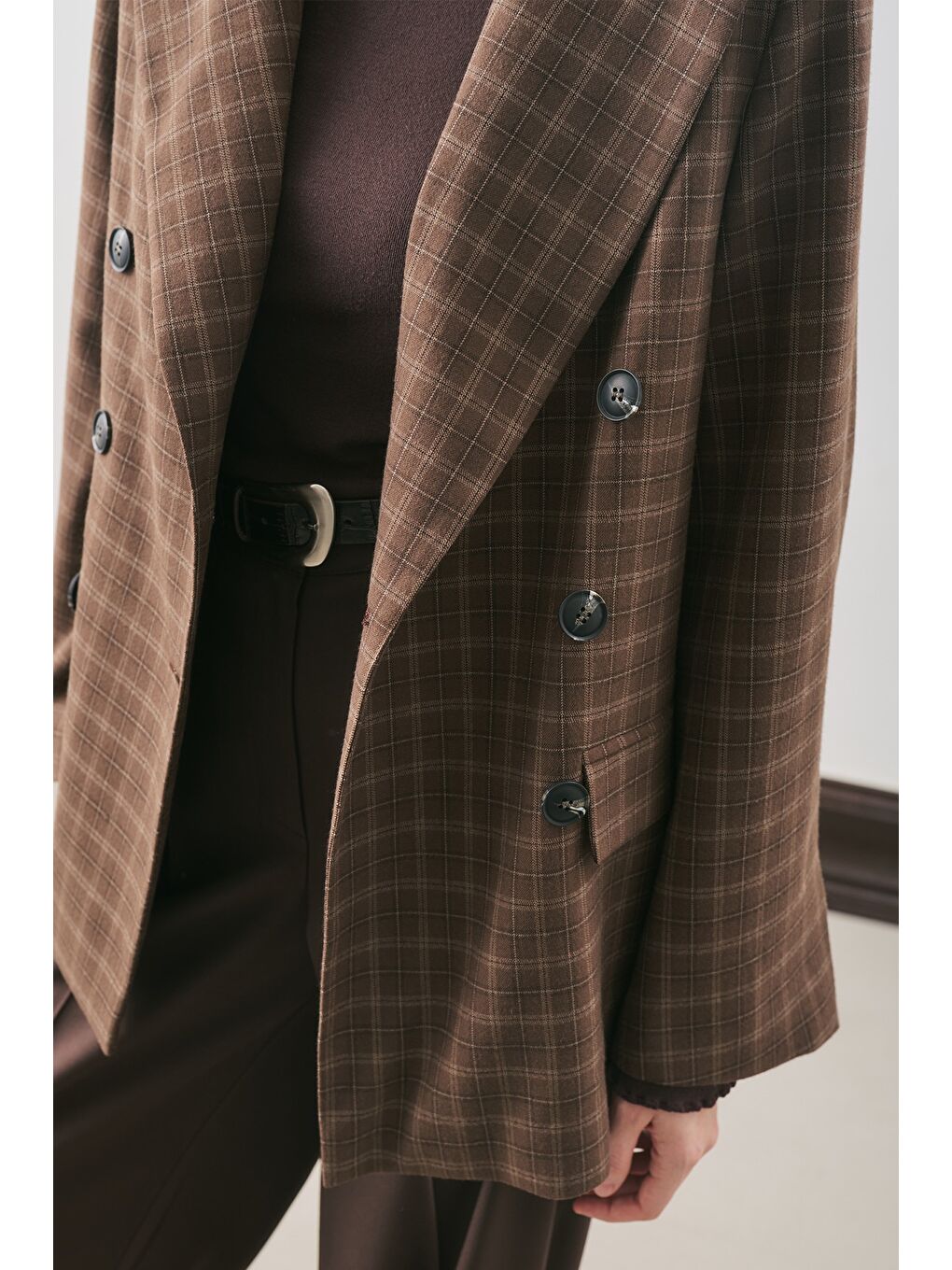 Kruvaze Ekose Blazer Ceket Kahverengi-5