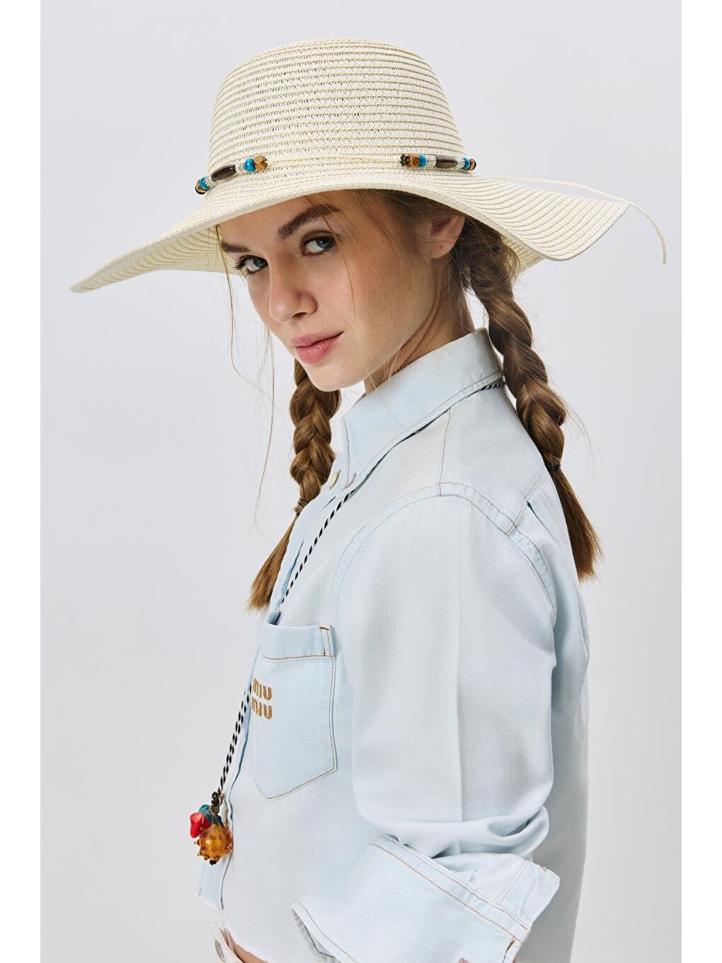 Ekru Geniş Kenar Hasır Plaj Şapkası Y25730-03 Krem-1