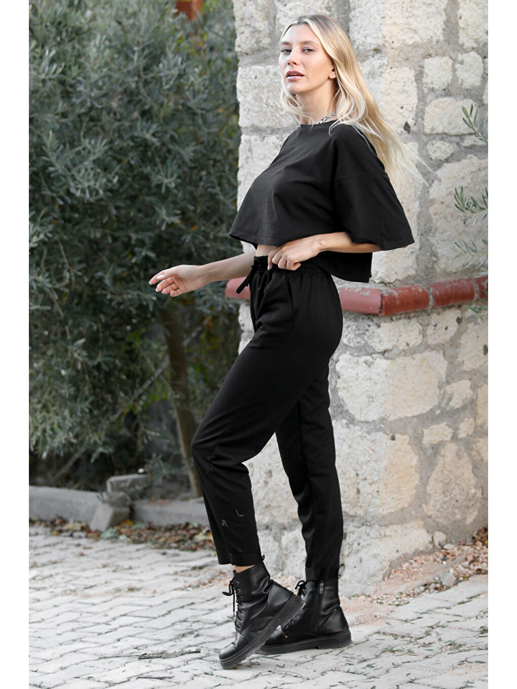 Siyah Örme Duble Paça Jogger Pantolon-5