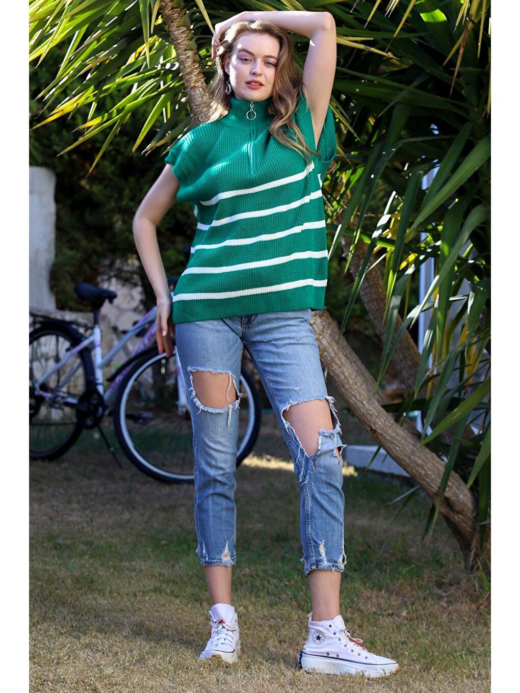 Yeşil Dik Yaka Kolsuz Fermuarlı Triko Oversize Kazak-6