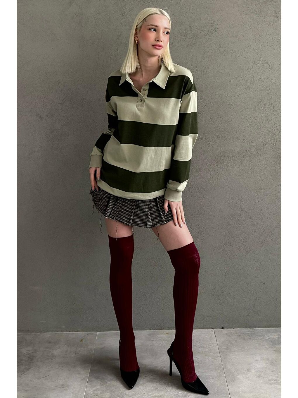 Mint Yeşili Çizgili Düğmeli Polo Yaka Kadın Uzun Kollu Tişört  Mg2586-2