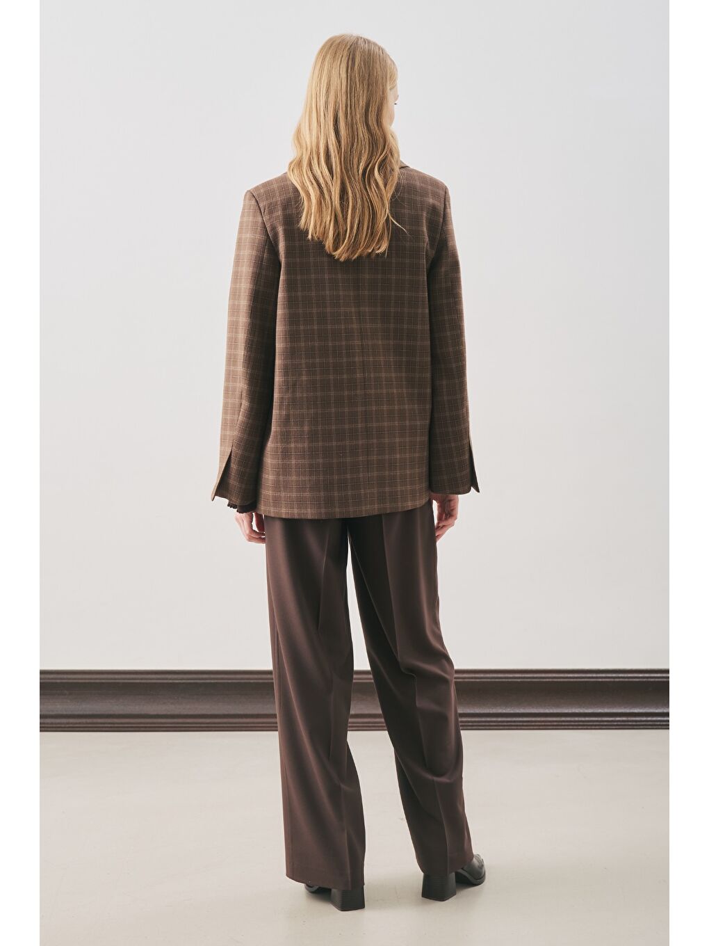 Kruvaze Ekose Blazer Ceket Kahverengi-6