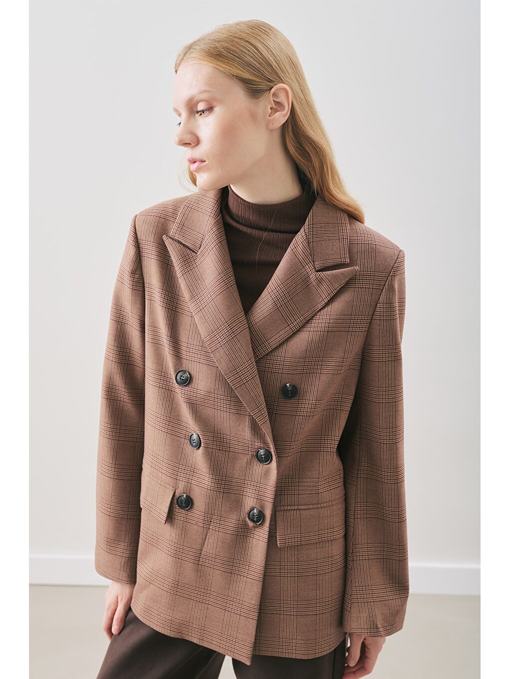 Kruvaze Ekose Blazer Ceket Bordo-3