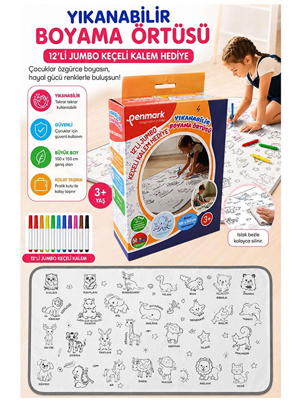 Boyama Örtüsü Yıkanabilir 100x15 Cm 1 Paket 12 Renk Jumbo Keçeli Kalem Sevinli Hayvanlar Boy