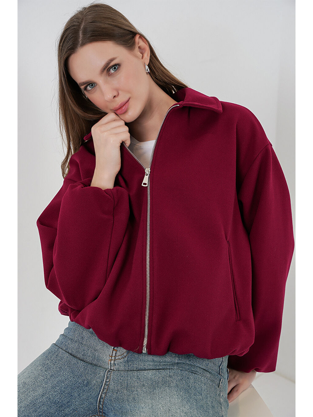 Kadın Büzgülü Oversize Kaşe Ceket 0728 - Bordo-1