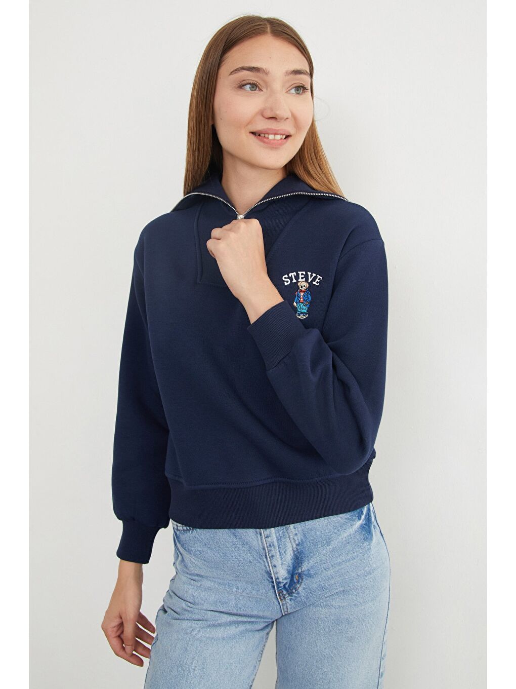 Lacivert 3 İplik Ayıcık Nakışlı Yarım Fermuarlı Sweatshirt-3