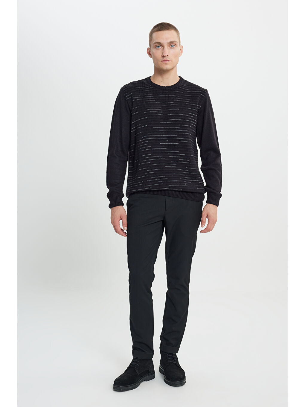 Erkek Siyah-Gri Melanj Standart Fit Normal Kesim Bisiklet Yaka Dokulu Desenli Triko Kazak-1