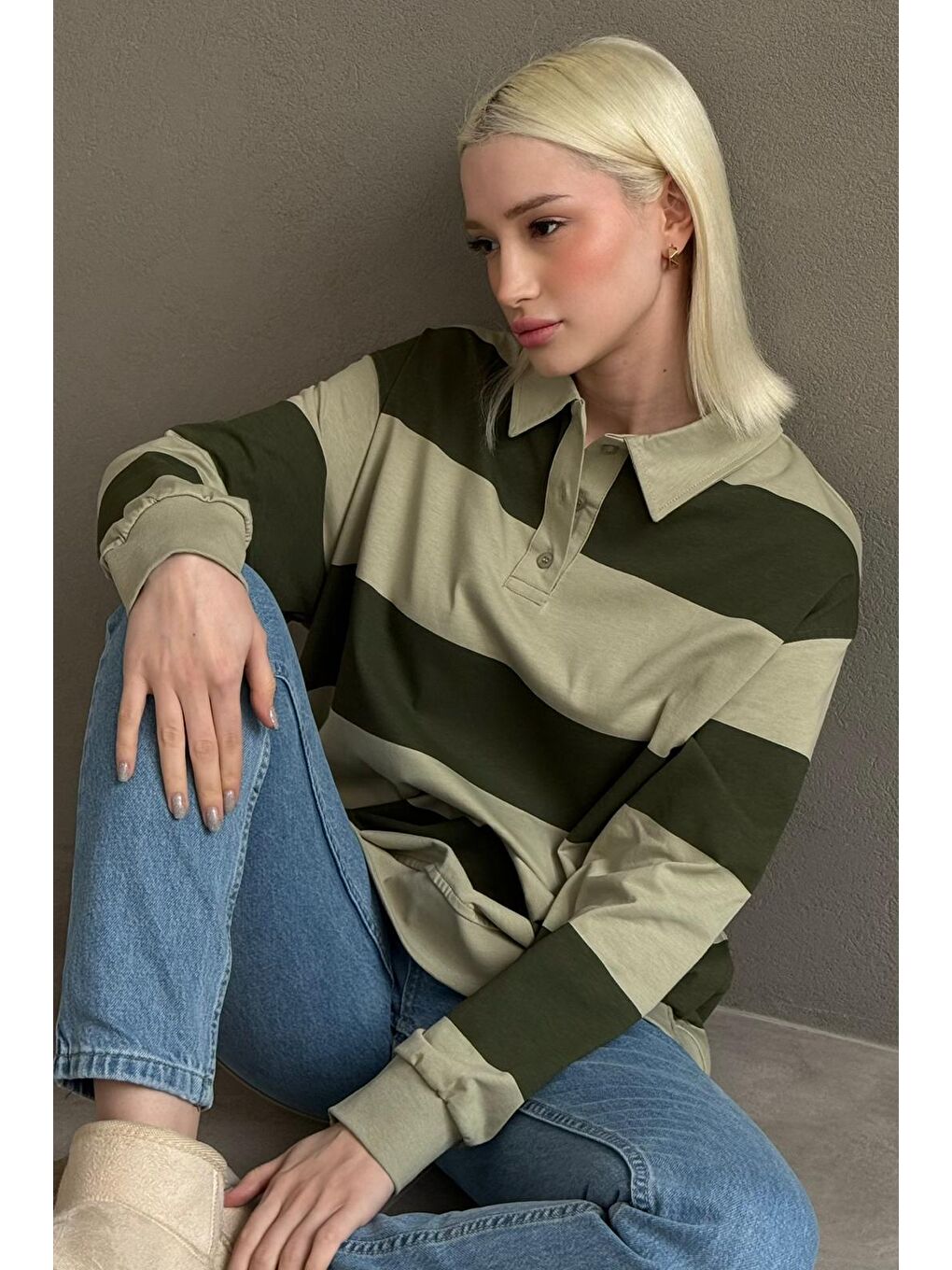 Mint Yeşili Çizgili Düğmeli Polo Yaka Kadın Uzun Kollu Tişört  Mg2586-3