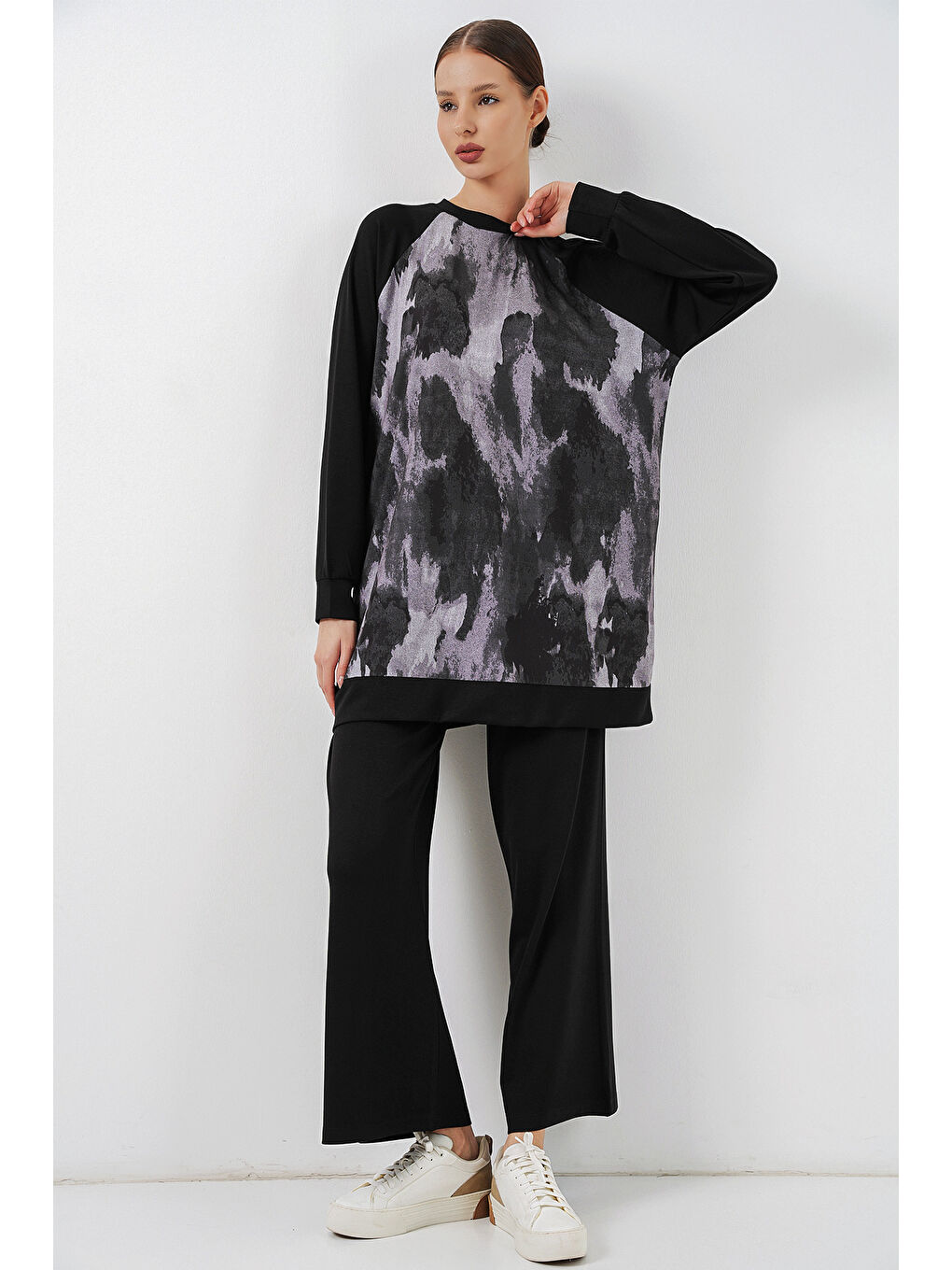 Kadın Desenli Oversize Tunik Pantolon İkili Takım 55462 - Siyah