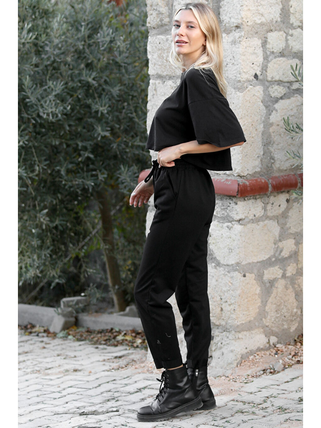 Siyah Örme Duble Paça Jogger Pantolon-6