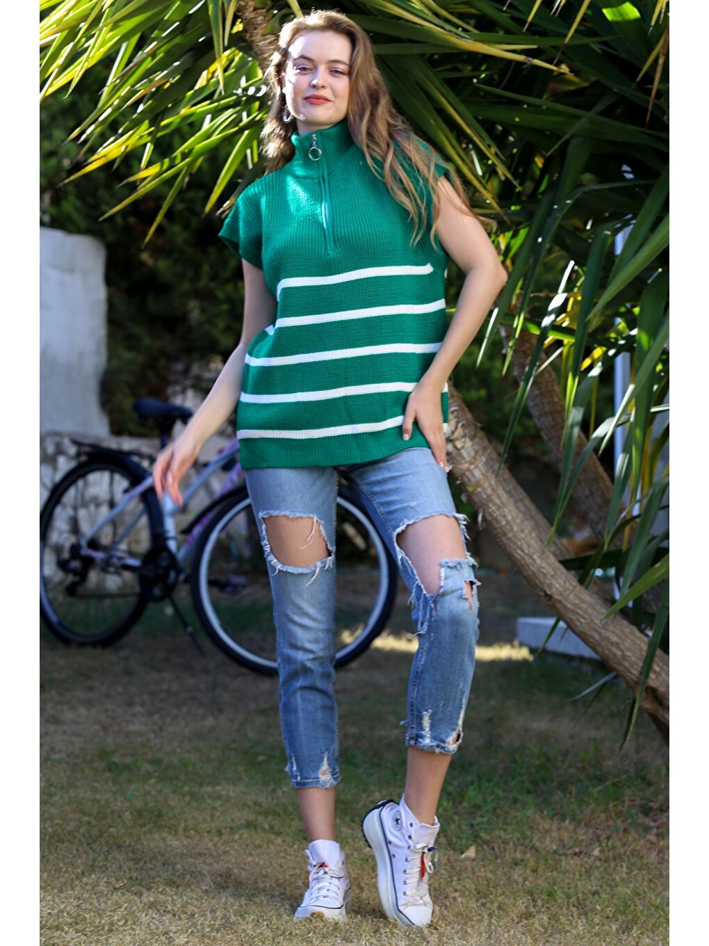 Yeşil Dik Yaka Kolsuz Fermuarlı Triko Oversize Kazak-7