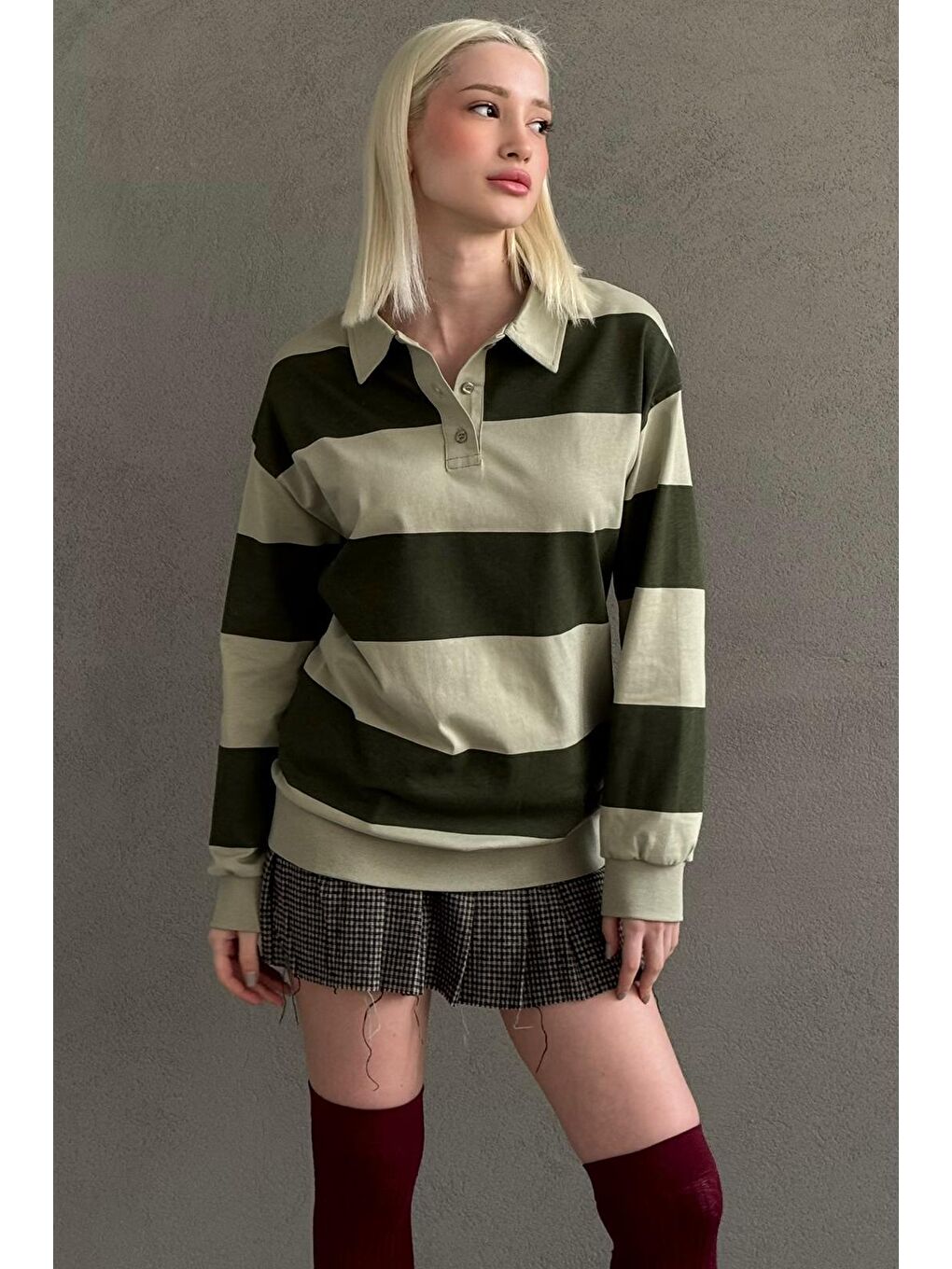 Mint Yeşili Çizgili Düğmeli Polo Yaka Kadın Uzun Kollu Tişört  Mg2586-4