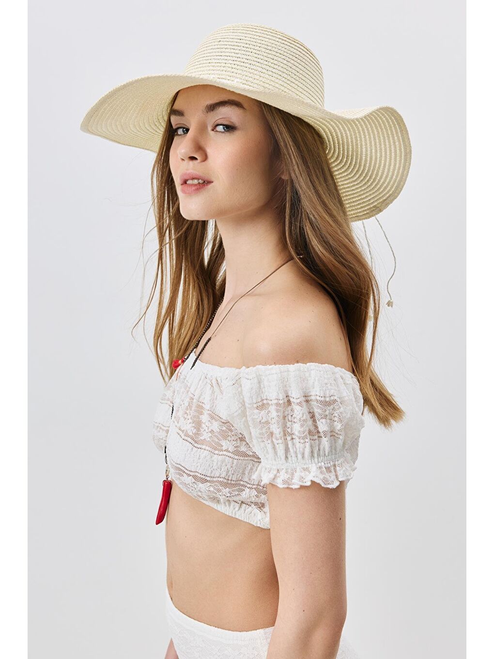 Ekru Geniş Kenar Hasır Plaj Şapkası Y25730-05 Krem-1