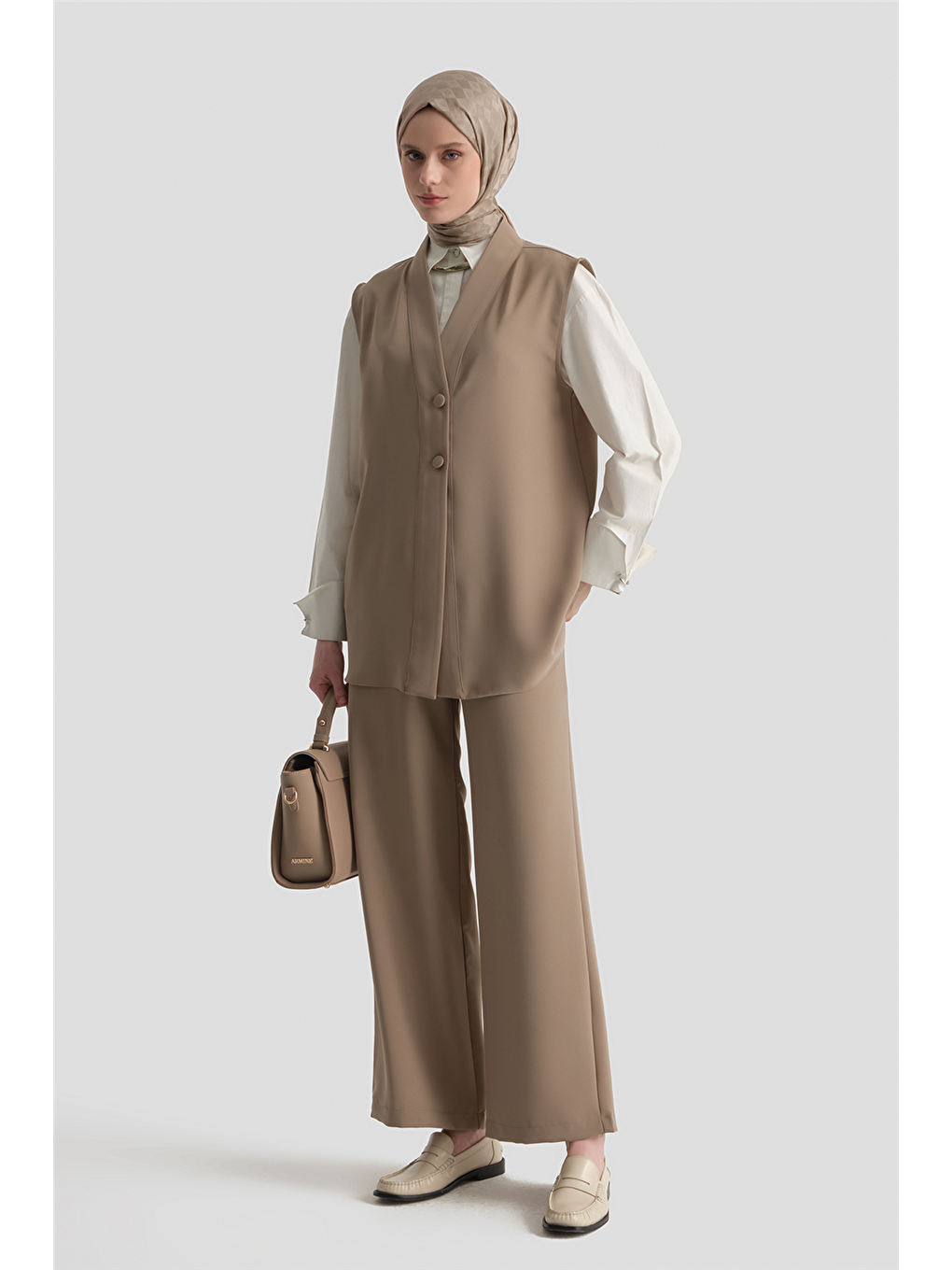 Bej Düğmeli Oversize Yelek Vizon