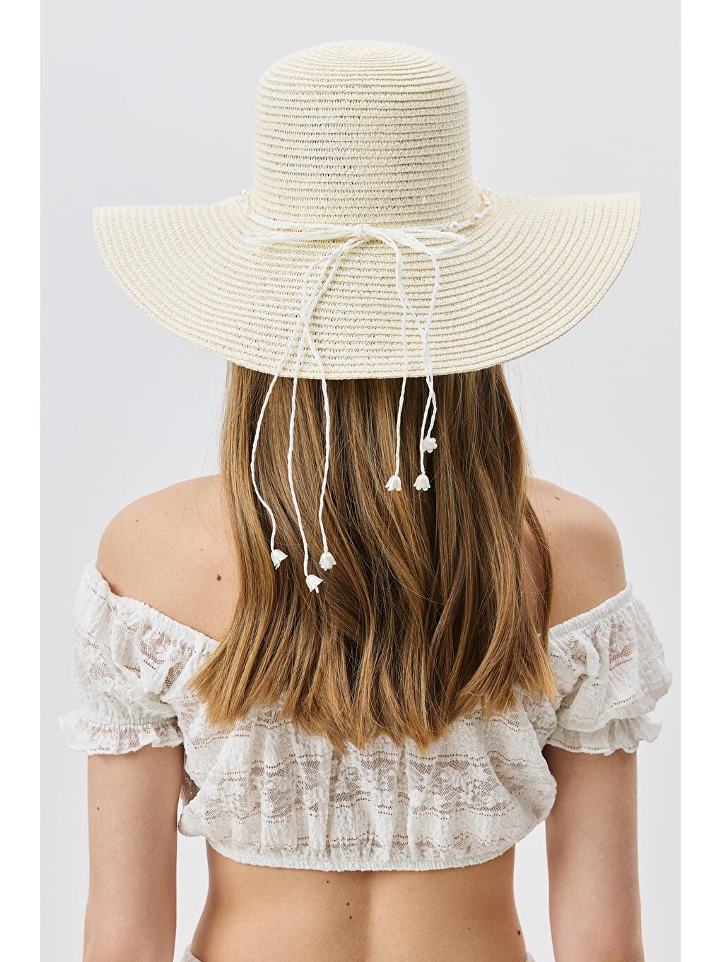 Ekru Geniş Kenar Hasır Plaj Şapkası Y25730-05 Krem-2