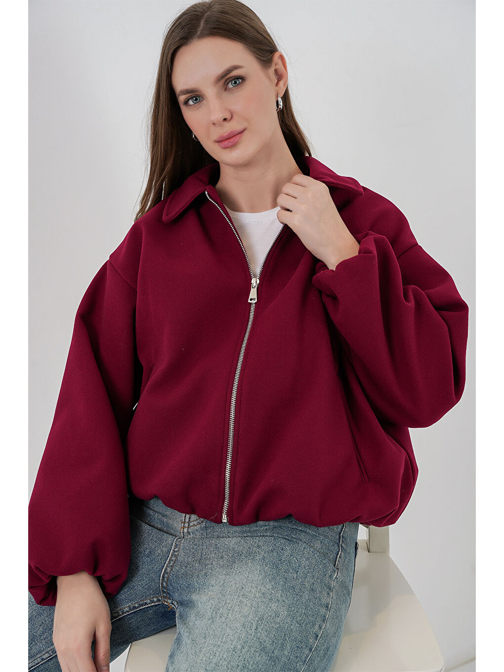 Kadın Büzgülü Oversize Kaşe Ceket 0728 - Bordo-2