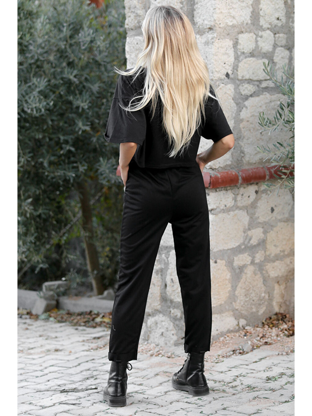 Siyah Örme Duble Paça Jogger Pantolon-7
