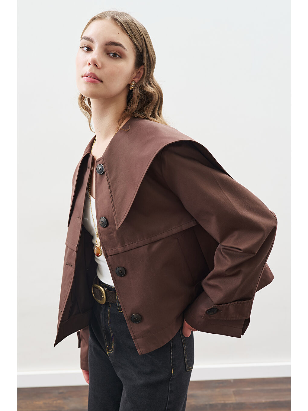 Kahverengi Geniş Yaka Gabardin Ceket Çikolata-1
