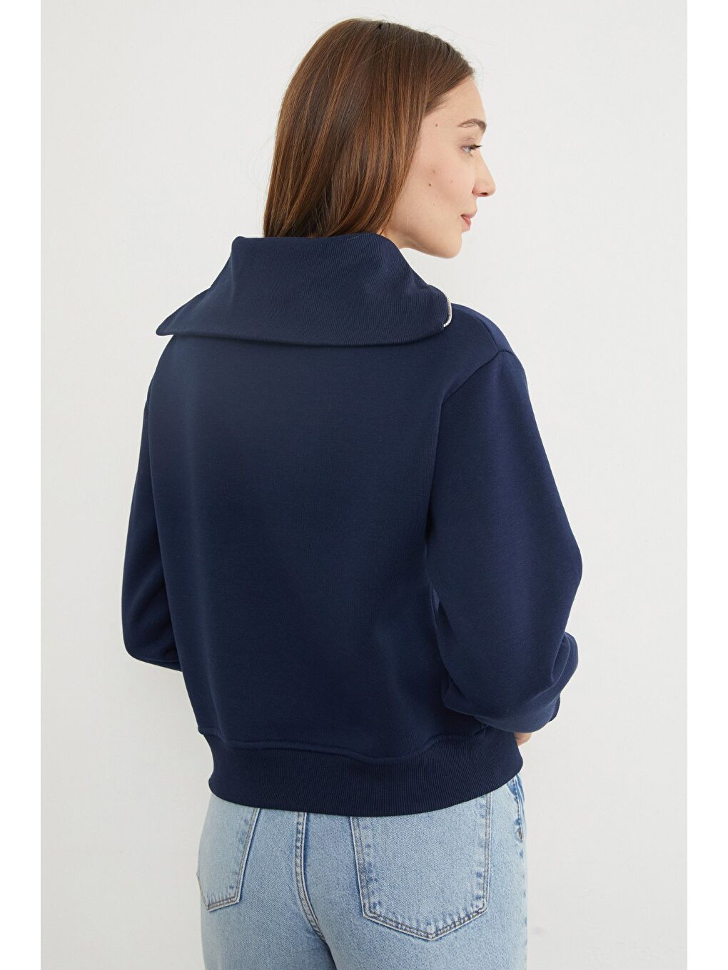 Lacivert 3 İplik Ayıcık Nakışlı Yarım Fermuarlı Sweatshirt-4